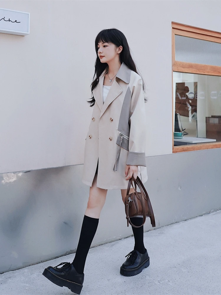 

2022 Autumn New Beige Splice Grey Windbreaker Jacket Women Elegant Vintage Loose Double Breasted Short Trench Coat Spring 5801