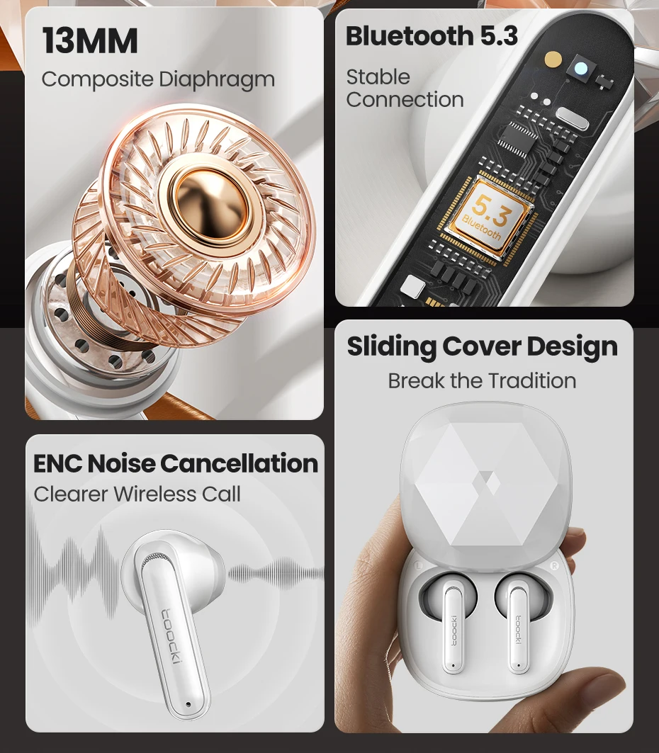 Description Picture 3 of itemToocki TWS Wirless Earphones ENC Noise Cancelling Sliding Bluetooth 5.3 Chip Semi-in-Ear Handphone 3.2g Loge Time Wearing