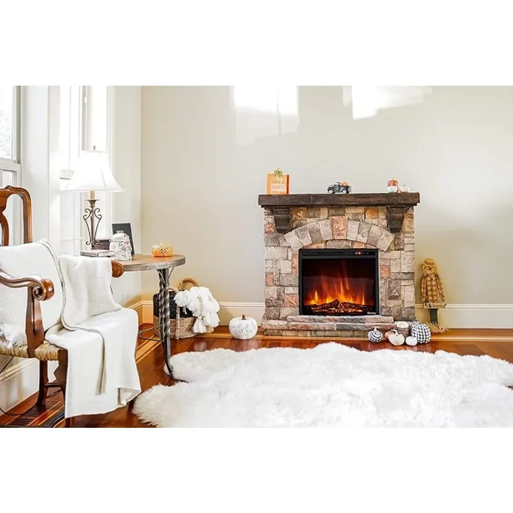 LED Electric Fireplace Stove with Imitation Wood and Stone Wall Frame - Remote Control -3D Wood and Fire 4