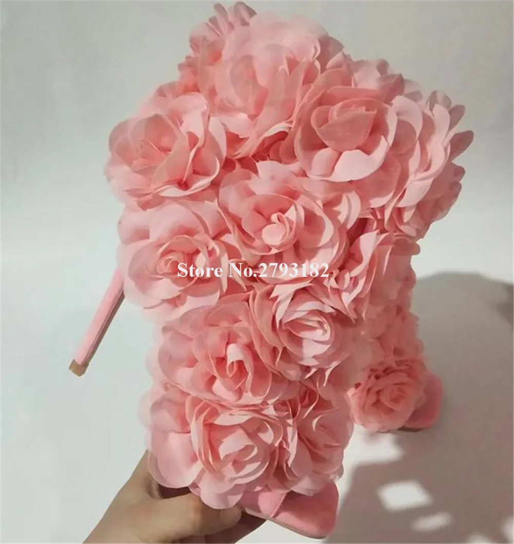 

Unique Style Flowers Decorated Thin Heel Sandals Charming Square Open Toe Pink Beige Black Stiletto Heel Wedding Heels