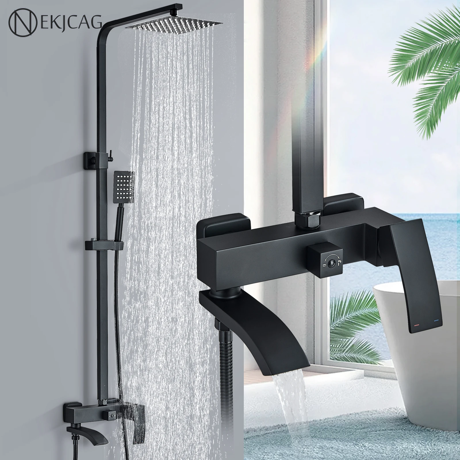 Schwarz/Chrom Bad Dusche Wasserhahn Niederschlag Ultra-Dünne Edelstahl Duschkopf Wand Set Badewanne Auslauf