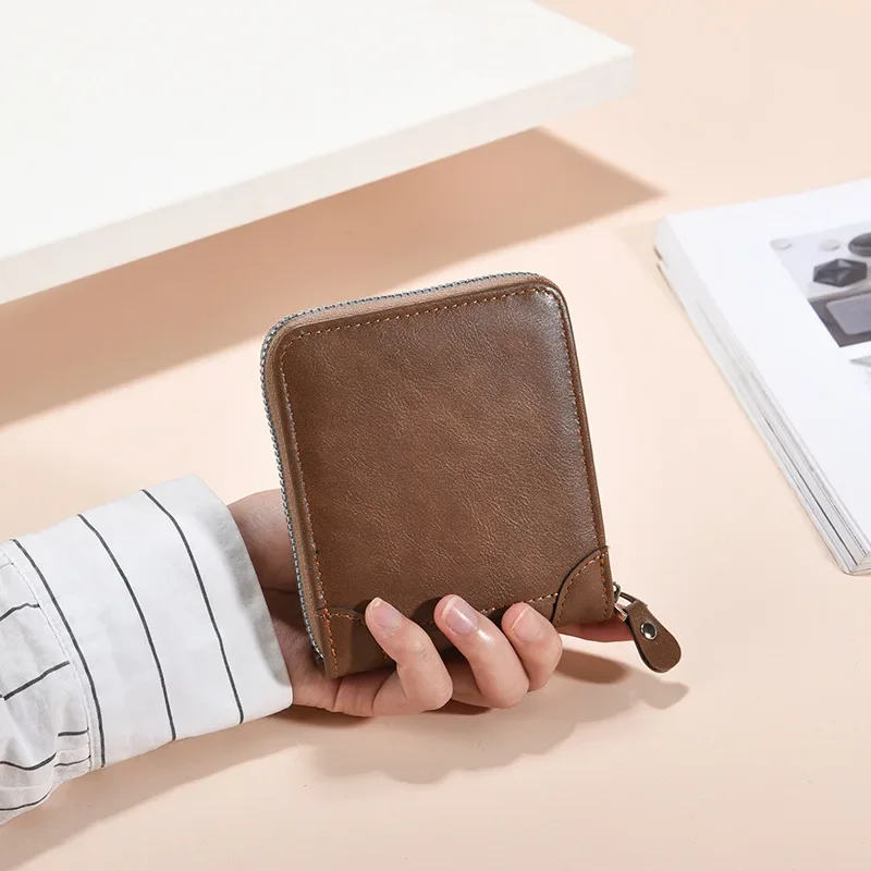 Men's Wallet RFID Blocking Short Zipper Cardholder Multifunction PU Leather Clip Money Organizer Horizontal Business Card Case