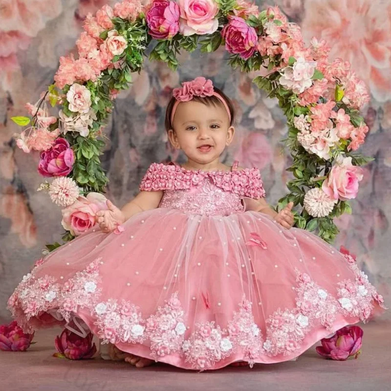 Rose Pink Flower Girl Dresses Tulle Pearls Butterfly Flowers Short Sleeve For Wedding Birthday Party Banquet Princess Gowns