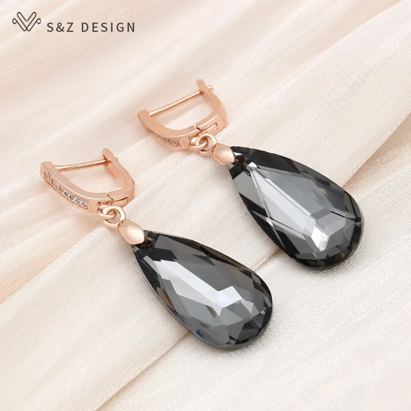S&Z DESIGN New Fashion 585 Rose Gold Color Water Drop Crystal Dangle Earrings For Women Wedding Jewelry Cubic Zirconia Eardrop