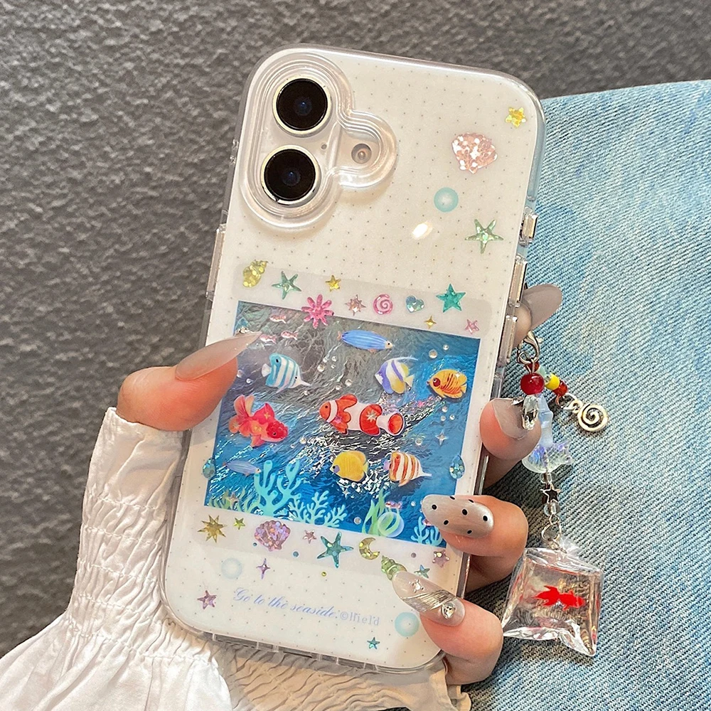 Niedliche koreanische blaue Ozean-rote Karpfenfisch-Handyhülle für iPhone 14 15 16 17 Pro Max 13 15pro, weiche, stoßfeste Abdeckung für iPhone 16 Hülle