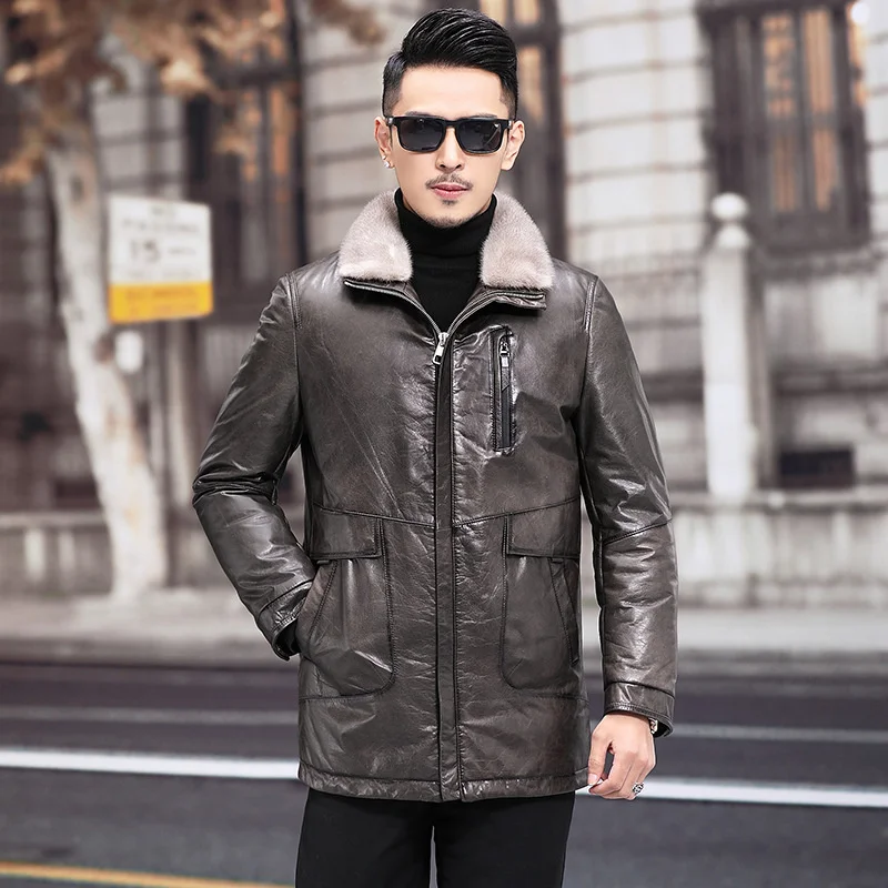 

Masculina High Men's quality Genuine Parkas Cowhide Leather Clothing Jacket Men 2023 Winter Warm Mink Jaqueta Fur Collar Coats