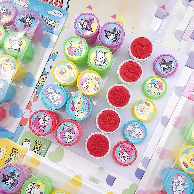 Sanrio Self-Ink Stamps 10Pcs/Set Cute Hello Kitty Kuromi Melody Cinnamoroll Face Seal Diy Painting Photo Album Stamp Kids Toys self ink stamps