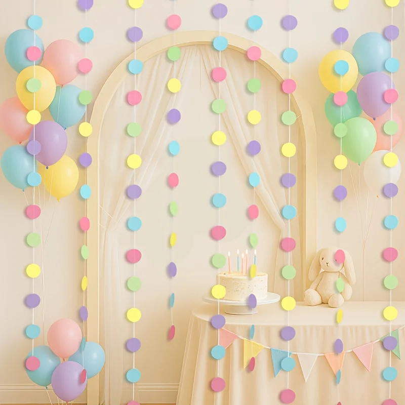 Pastellfarbene Partydekorationen, blau, lila, rosa, gelb, grün, Kreisgirlanden zum Aufhängen für Macaron, Babyparty, Papier-Polka-Dot-Luftschlangen