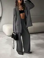 2pcs Women Business Set Contrast Color Blazer Jacket And Elastic Waist Straight Leg Pants Set,Elegant Style for Office Work Lady