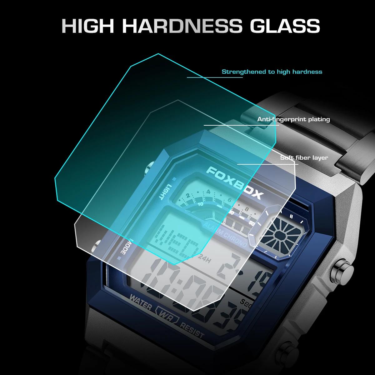 FOXBOX Luxury Square Stainless Steel Waterproof Digital Watch