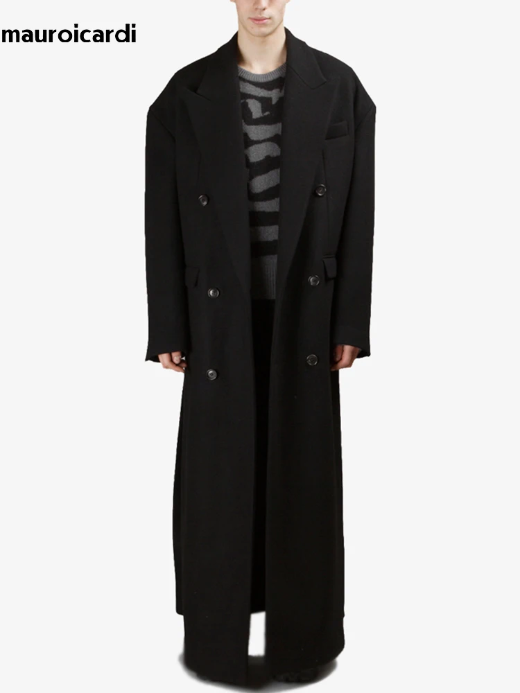Mauroicardi Autumn Winter Extra Long Black Oversized Thick Warm Soft Wool & Blends Coat Men Double Breasted Korean Fashion 2023 5