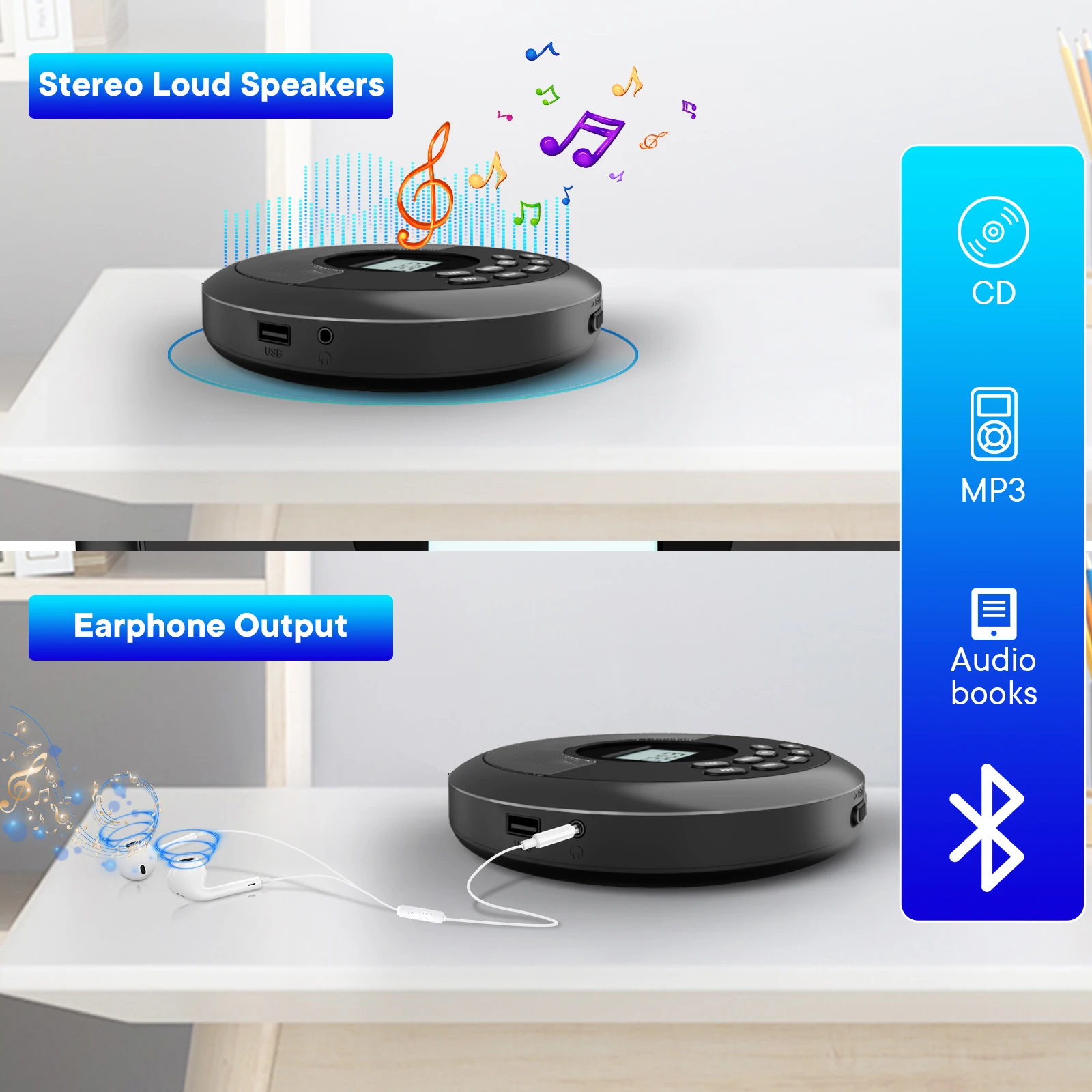 portable cd player with bluetooth rechargeable discman with speakers walkman cd player with USB bluetooth transmitting