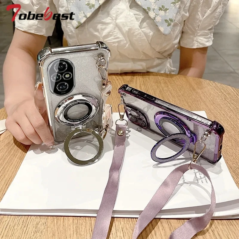Crossbody Lanyard Glitter Plating Shockproof Phone Case with MagSafe Holder