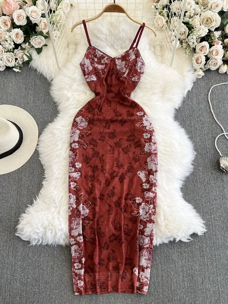 Bodycon Red Flower Lace Dress V Neck Foamlina Women Vintage Floral Print  Spaghetti Strap Dress 2025 Summer Sexy V Neck Sleeveless Slim Bodycon Long  Party Mesh Dress AliExpress 200000345