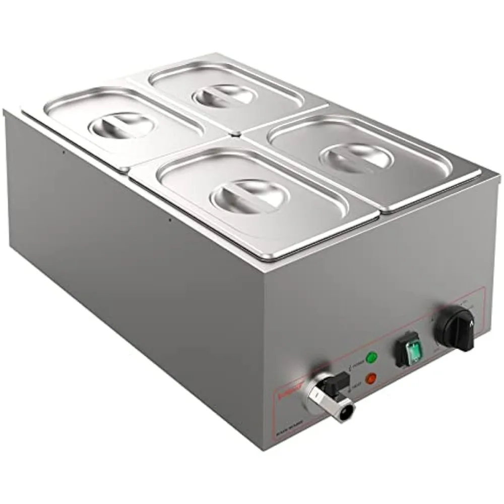 Commercial Stainless Steel 4 Sections Bain Marie Food Warmer 16 Qt Buffet Server with Lid and Tap for Home, Restaurants