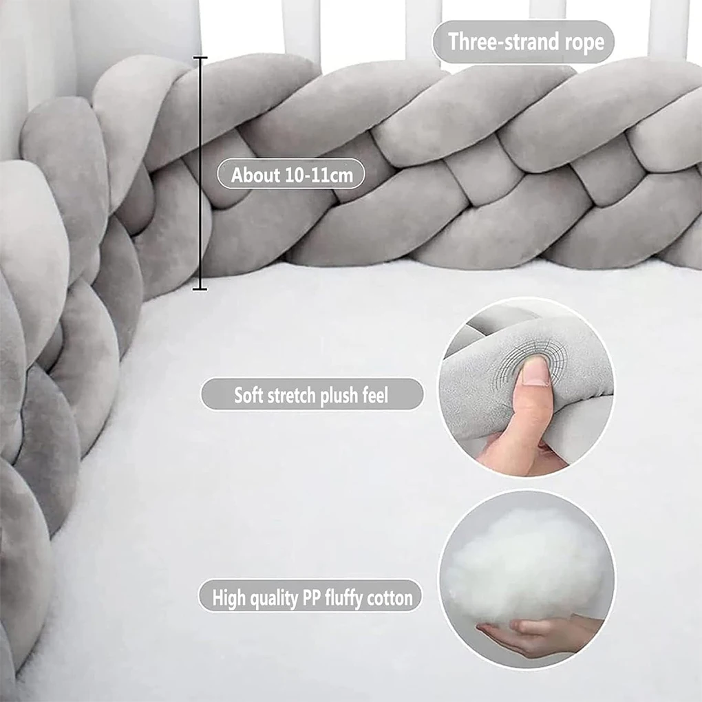 Braided Baby Crib Bumper (1.5M), Soft Knot Pillow Cushion for Crib Protection