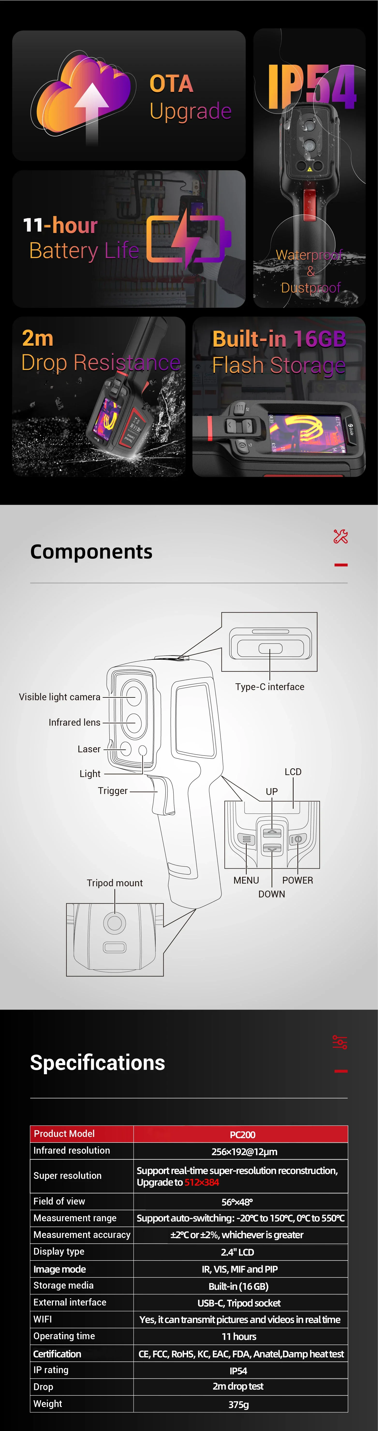 Guide PC200 Thermal Camera 512X384 Super IR WIFI Thermal Imager PC Projection An