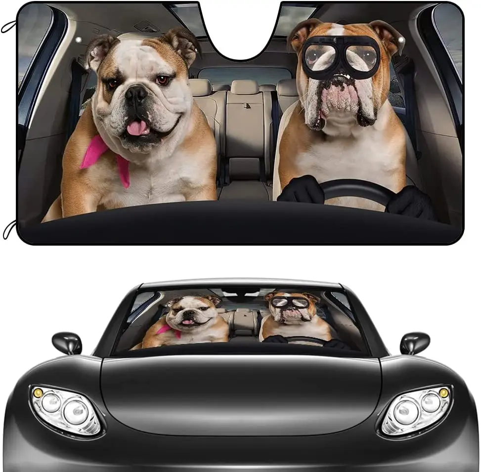 

CafeTime Dog Car Front Windshield Sunshade American Bulldog Couple Decor Vehicle Sun Shade Visor UV Ray Reflector Sun Protector,