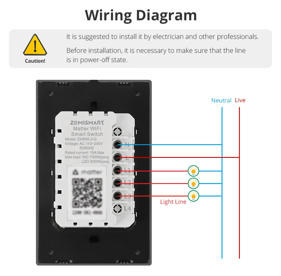 Matter WiFi Smart Wall Light Switch 1 2 3 4 Gangs with Aluminum Alloy Panel Work