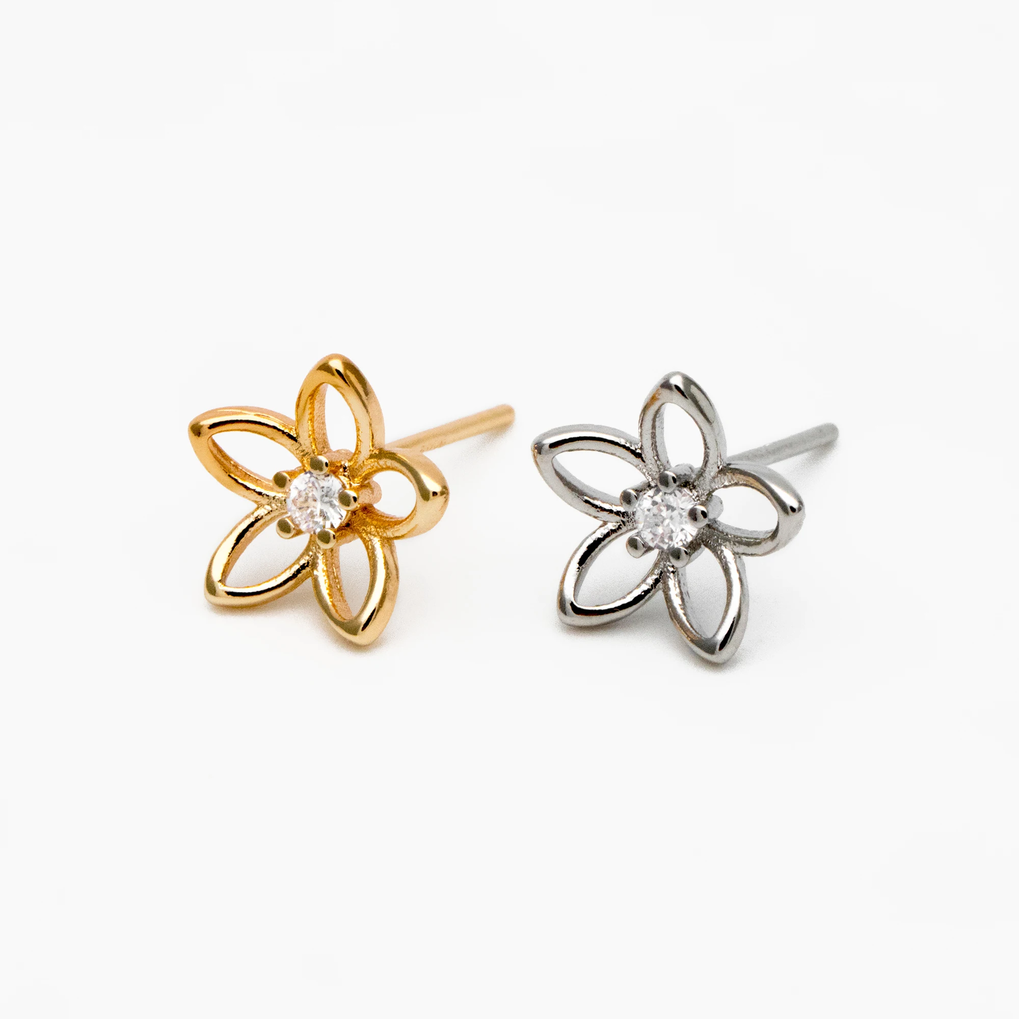 

10pcs CZ Pave Gold/ Silver Flower Earrings 10mm, Gold/ Rhodium Plated Brass Stud Earrings, Dainty Flower Earrings (GB-4327)