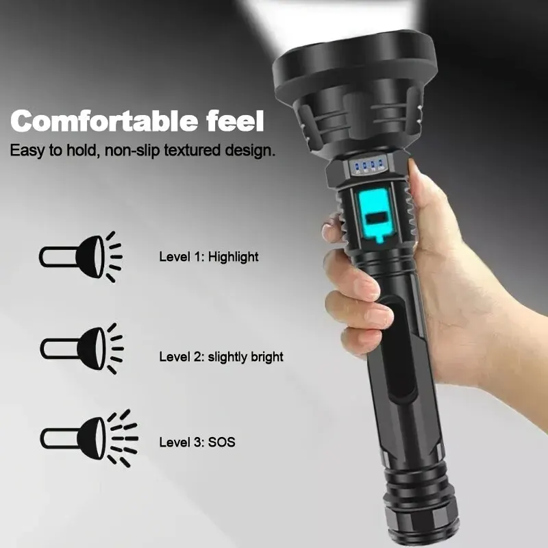 긴 크기 ABS 손전등 USB 케이블로 충전식 밝은 LED 토치 3 가지 모드 캠핑 하이킹 낚시 방수