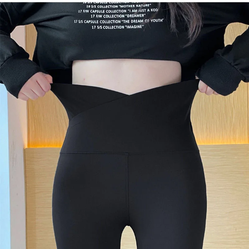 UMI MAO Black Leggings Plus Velvet Thickening Warm Cross Waist Lift Hips Abdomen High Elastic Pants Women's Outer Wear Y2K brown leggings