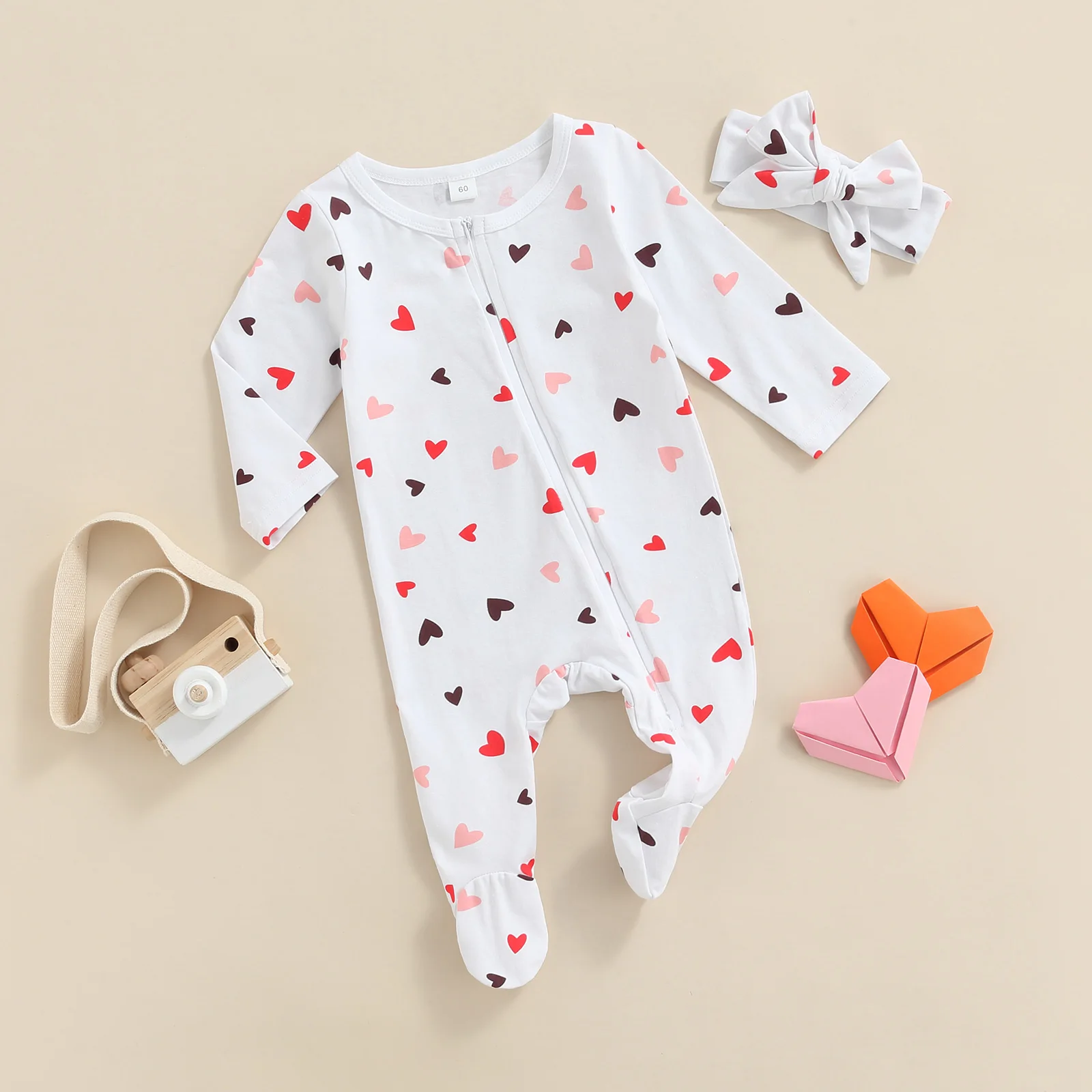 Citgeett Spring Valentine's Day Infant Newborn Baby Girls Boys Romper Set Long Sleeve Zipper Long Pants Footies Headband Clothes