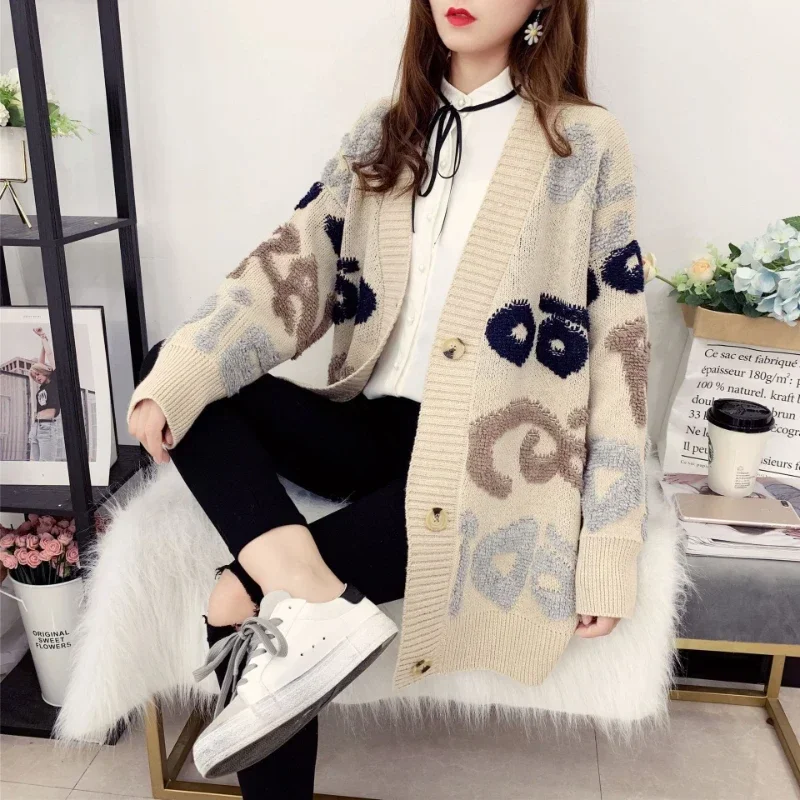

2023 New Autumn/winter Plush and Thick Sweater for Women's Cardigan, Medium Length, Loose Fitting Korean Outerwear Knit Jacket