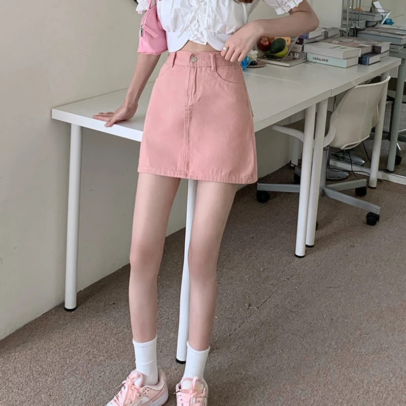 JMPRS Cute Pink Women Denim Skirt Korean High Waist A Line Fashion Designed Summer Jeans Mini Skirts Casual Slim Ladies Skirt white pleated skirt