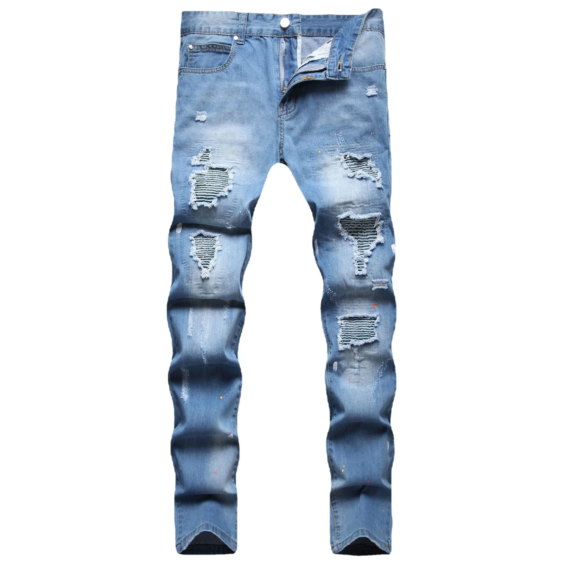 Hip hop style multiple ripped patch Valley bone  light blue paint splash small straight leg jeans
