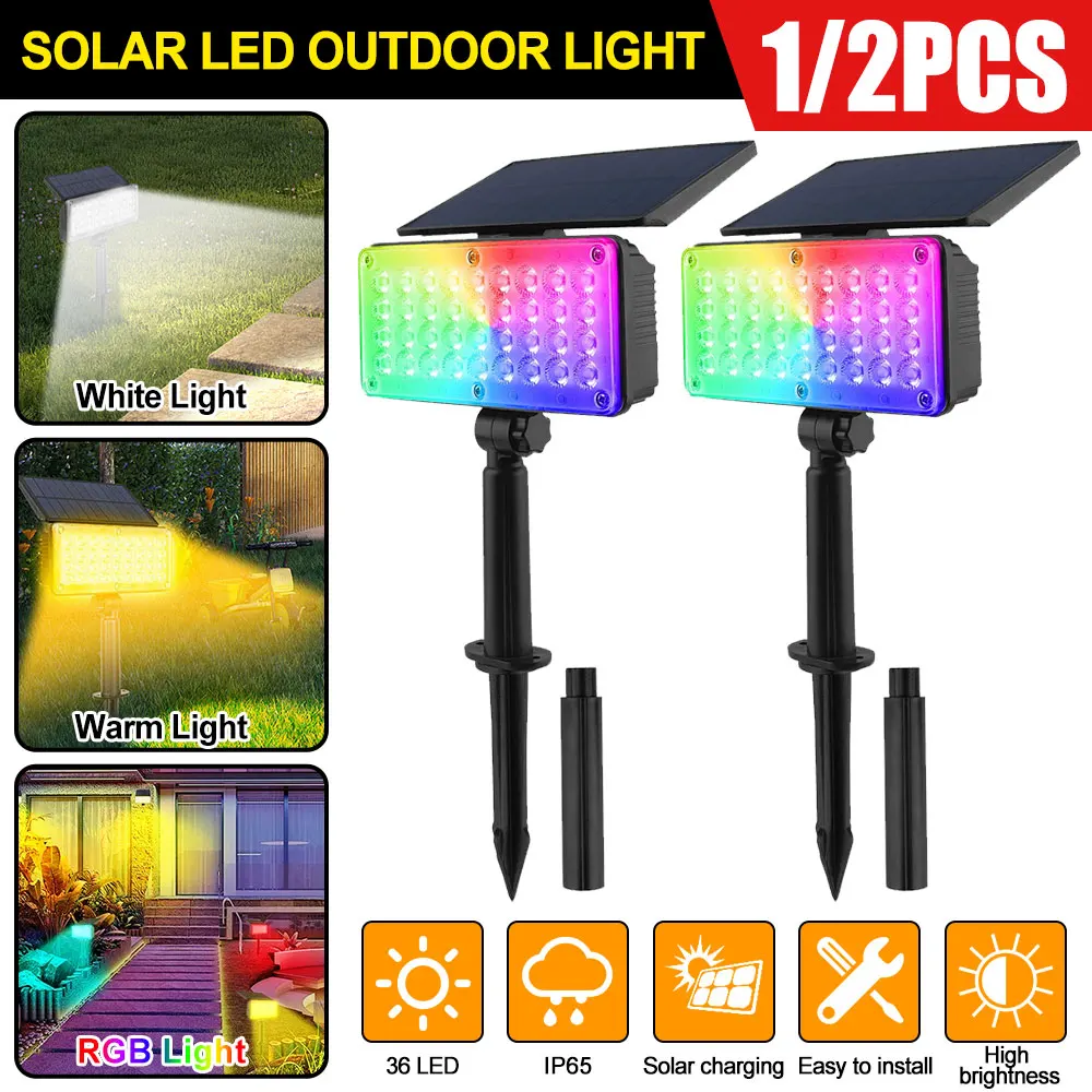 1/2PCS Solar Lawn Light Ground Plug Floodlight 36LED IP65 RGB White Warm Light For Outdoor Yard Path Tree Solar Spotlight Decor