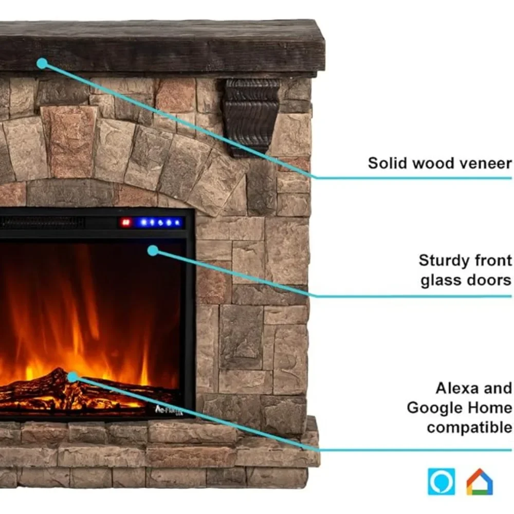 LED Electric Fireplace Stove with Imitation Wood and Stone Wall Frame - Remote Control -3D Wood and Fire 2