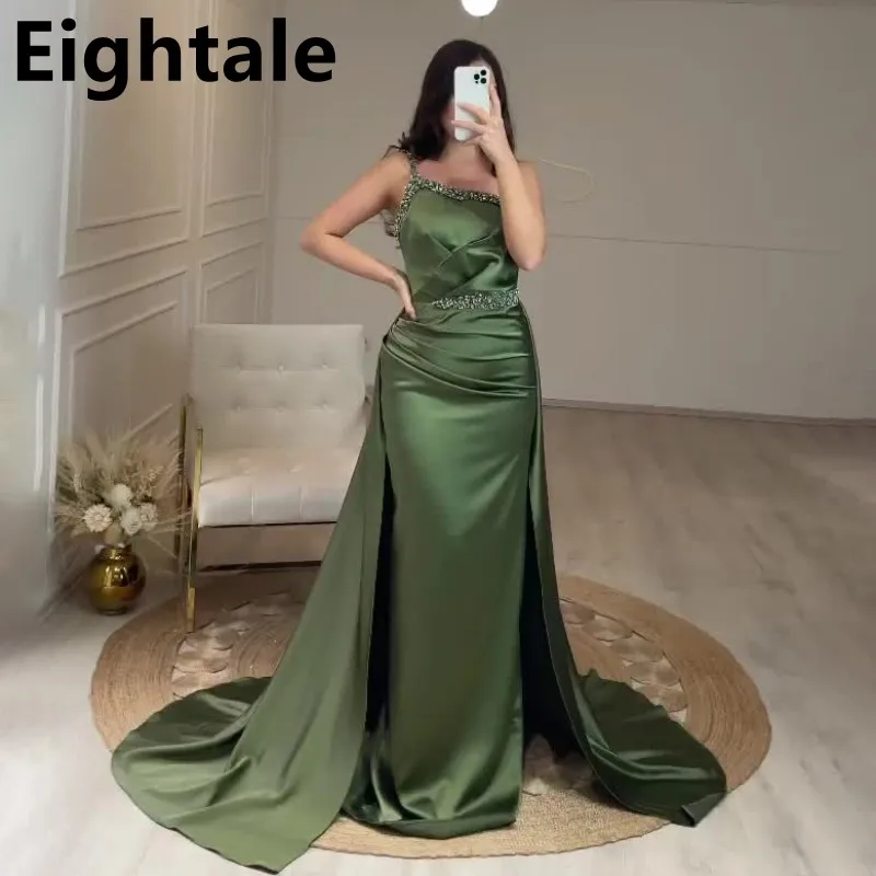 Eightale Army Green Mermaid Evening Dresses Long Luxury Beaded One Shoulder  Prom Dress Waist Train Formal Party Gown Customized - AliExpress 320