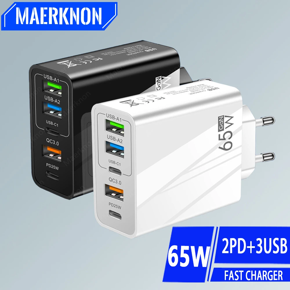 GaN USB 충전기, 고속 충전 멀티 포트, PD C타입, 아이폰, 샤오미, 삼성, 화웨이용, 5 포트, 65W 