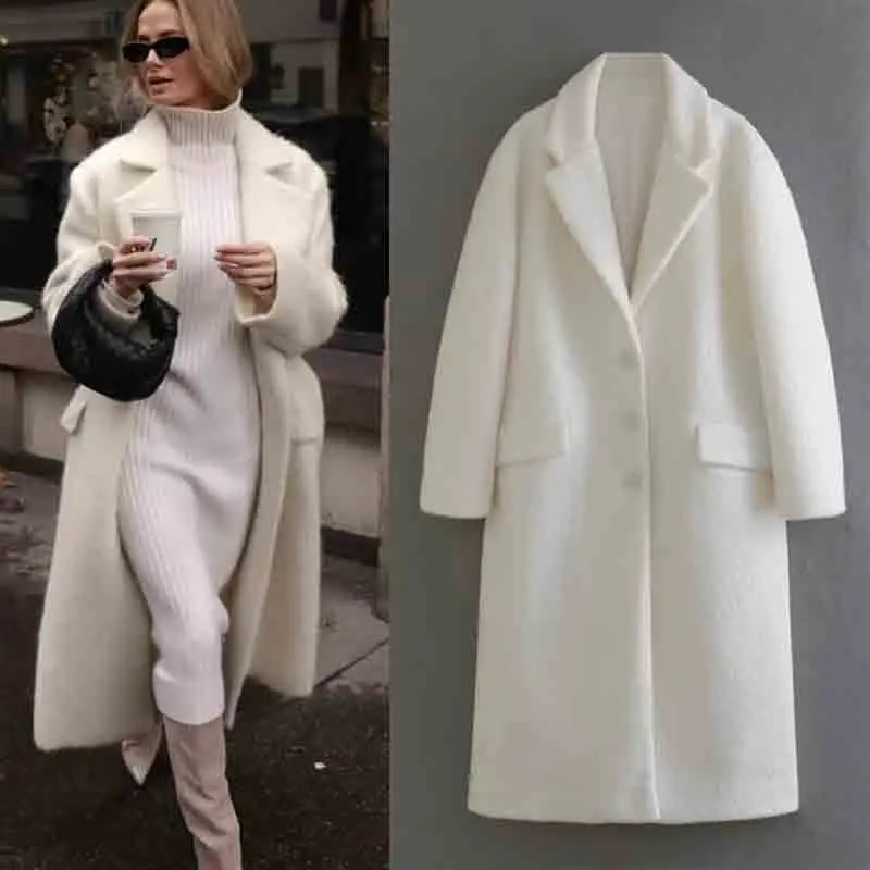 

TRAF Long Coats for Women Trench Coat Autumn Winter Long Overcoat Chic Elegant White Coat Long Jacket Korean 2023 New Outerwear