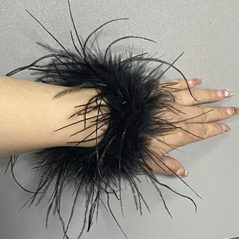 진짜 타조 깃털 커프스 손목 슬리브 모피 커프, 럭셔리 모피 깃털 깃털 커프 스냅 팔찌 여성 깃털 발찌