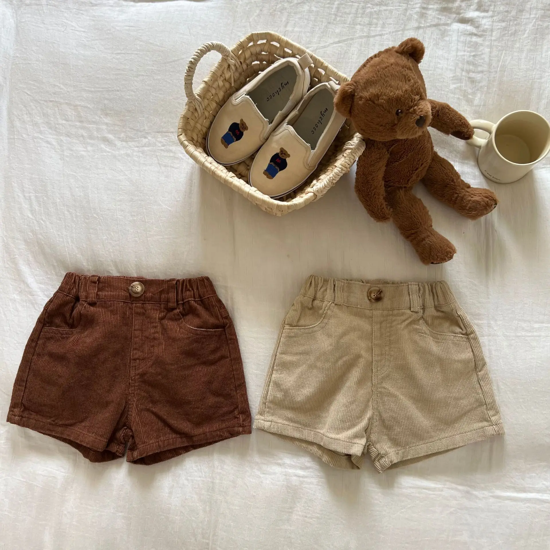

deer jonmi 2022 Autumn Korean Style Unisex Children Corduroy Shorts Solid Color Toddlers Kids Casual Shorts