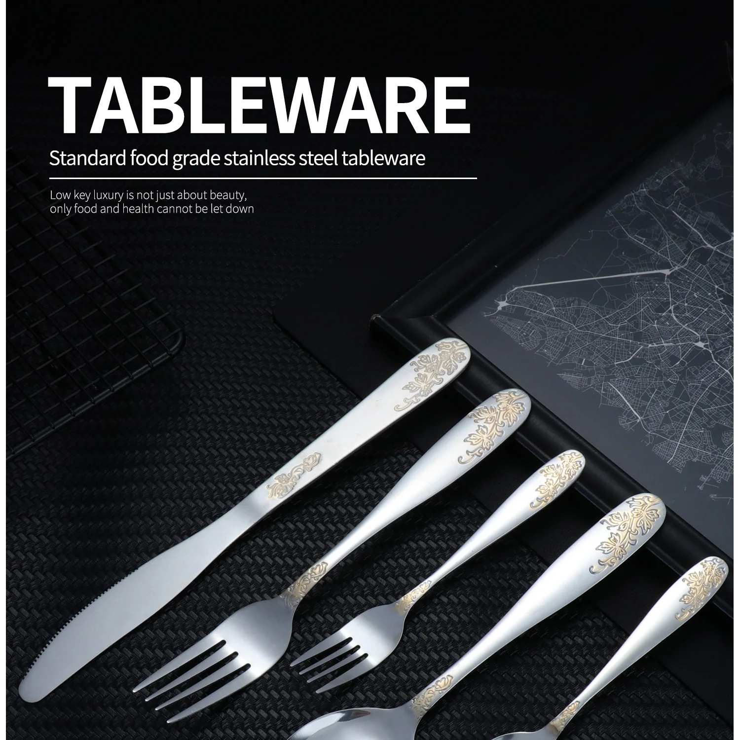 Description Picture 2 of item4/5/6/30pcs stainless steel exquisite gold-plated plant flower pattern knife, fork, spoon wide handle tableware set