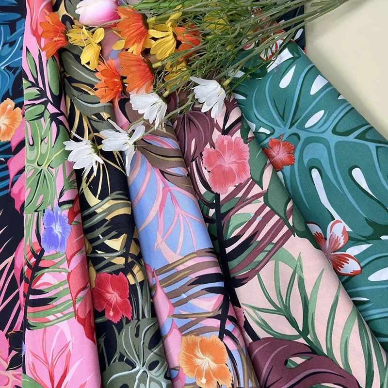Tropical Rainforest Print Polyester Fabric Beach Pants Four-Way Stretch Dyed Fabric Large Quantity Available for Clothing