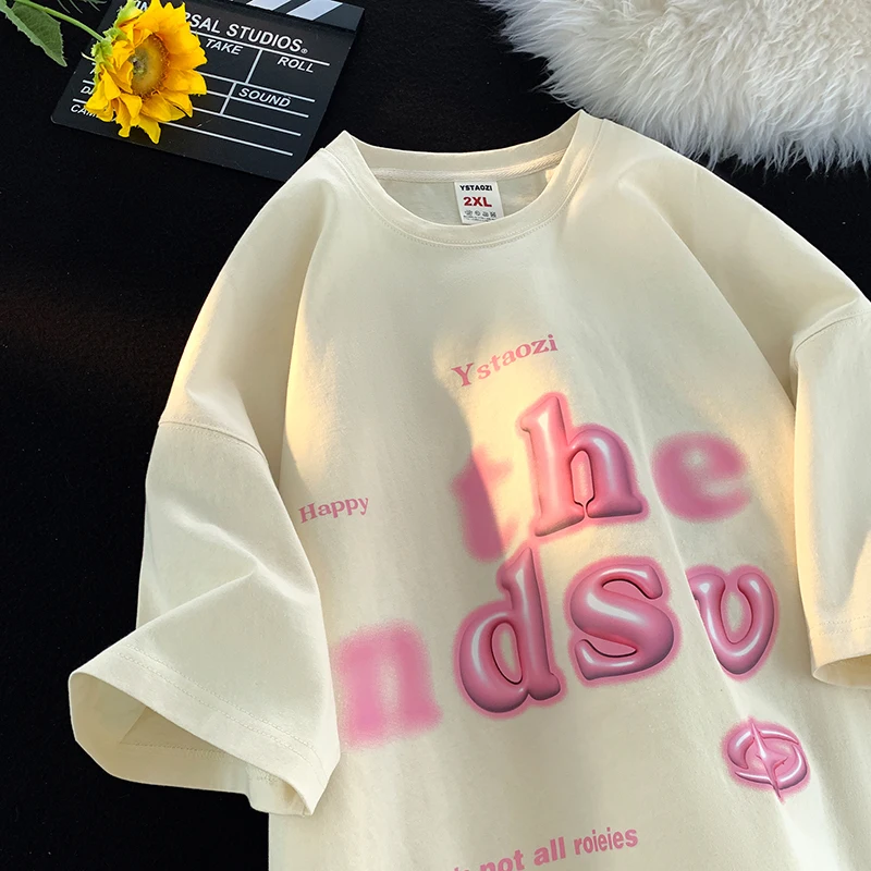 

Y2k Street Tshirt Harajuku Graphic Short Sleeve T-shirt College Style O-neck T-Shirt Pink Monogram Couple Tops Men Women Clothes