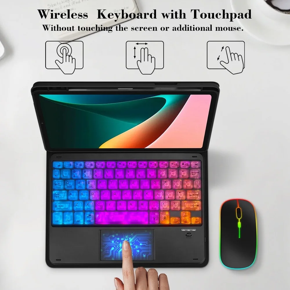 Teclado e Mouse sem Fio Bluetooth Touchpad Rainbow Backlit Espanhol Coreano Ipad Laptops Tablet pc - Imagem 4