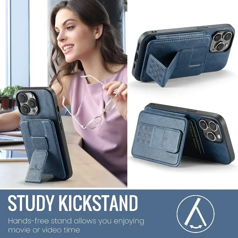 Funda magnética invisible plegable con soporte para iPhone 15 Pro Max 14 Plus 13 12 11, funda de cuero tipo cartera, tarjetero y funda con soporte_voghion.com