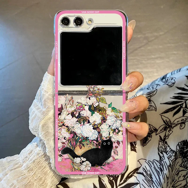 Aesthetic Black Cat Art Van Gogh Folding Phone Case, Clear Cover