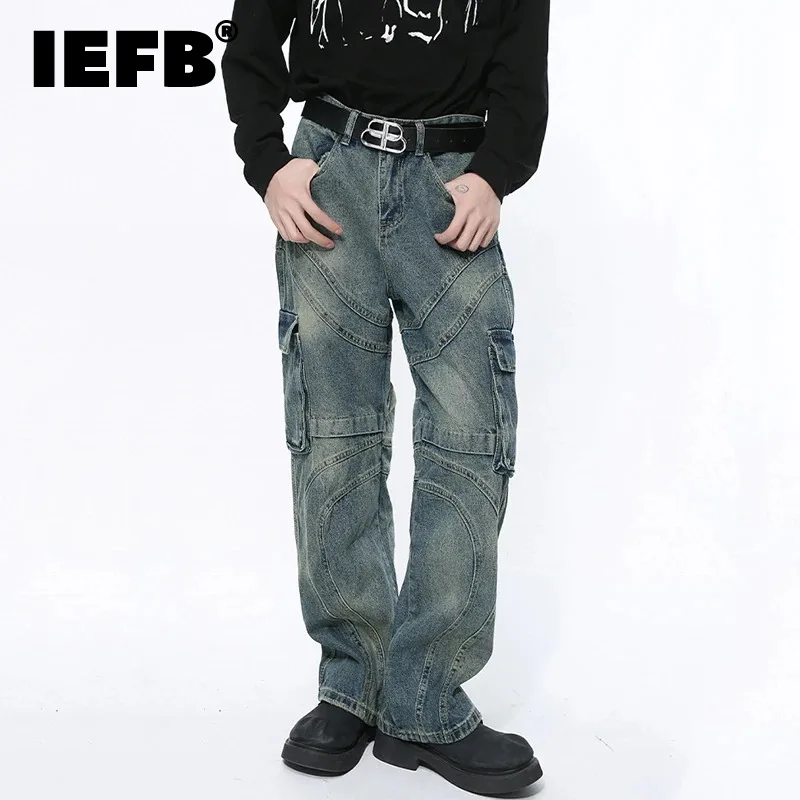 

IEFB Men's Jeans Casual Patchwork Large Pockets Gradient Color Male Denim Wide Leg Pants High Street Straight Trousers