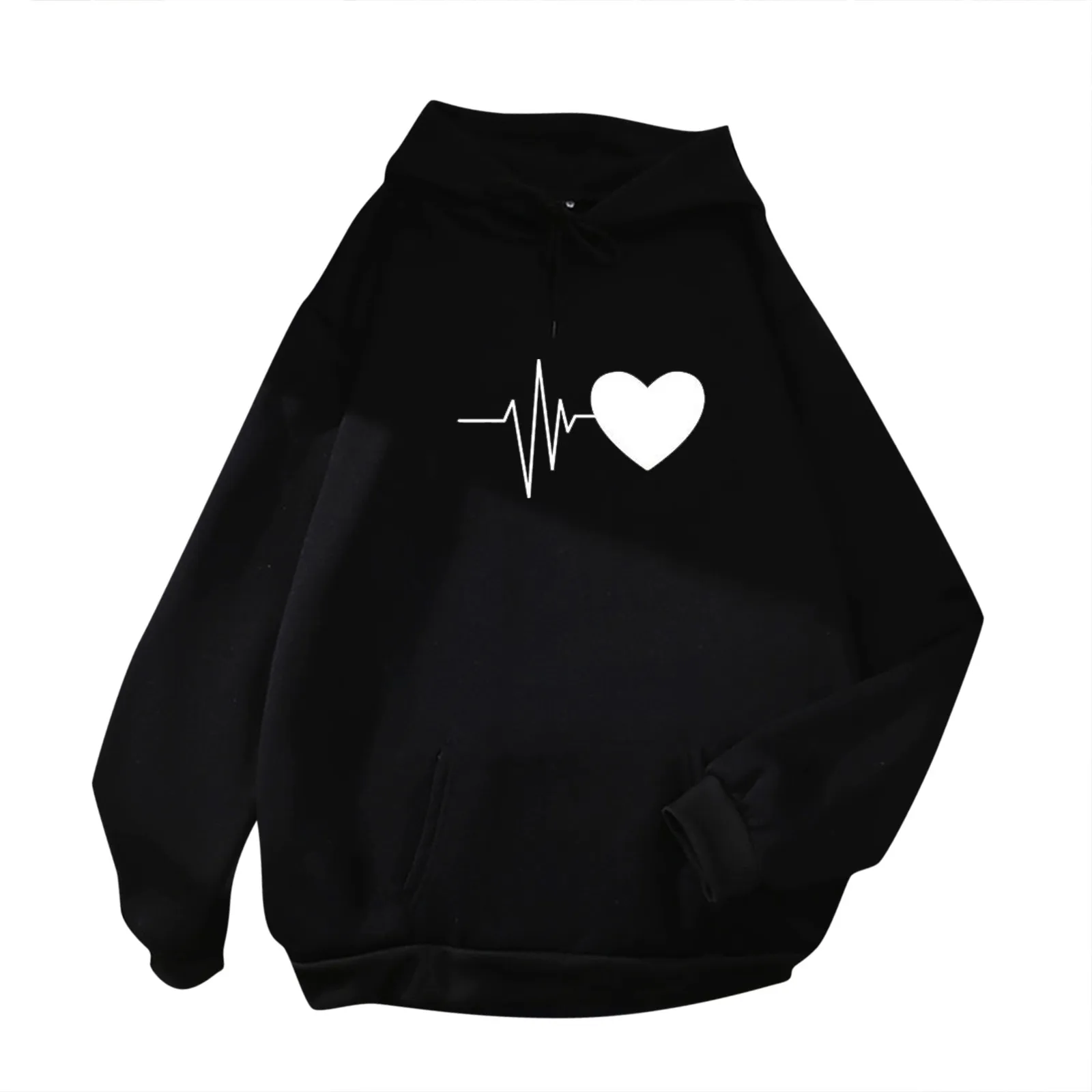 

Korean Fashion Kpop Oversized Hoodies Ropa Moletom Harajuku Sweatshirts Heartbeats Loves Printed Black Hoody Pullover Couples