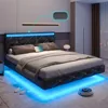 Queen Floating Bed Frame with Headboard,Upholstered Platform Bed Frame with Led Lights Faux Leather Low Profile Bed,Black 2