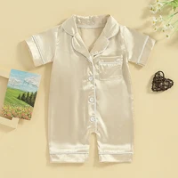 Pudcoco Newborn Baby Boy Girls Satin Silk Pajamas Rompers Button Down Short Sleeve Solid Pjs Jumpsuit Infant  Sleepwears 0-24M 6