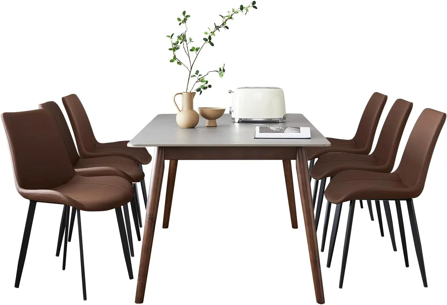 Dining Chairs Modern Chairs Set of 6 Brown Faux Leather Metal Leg Comfortable Kitchen for Dining Room