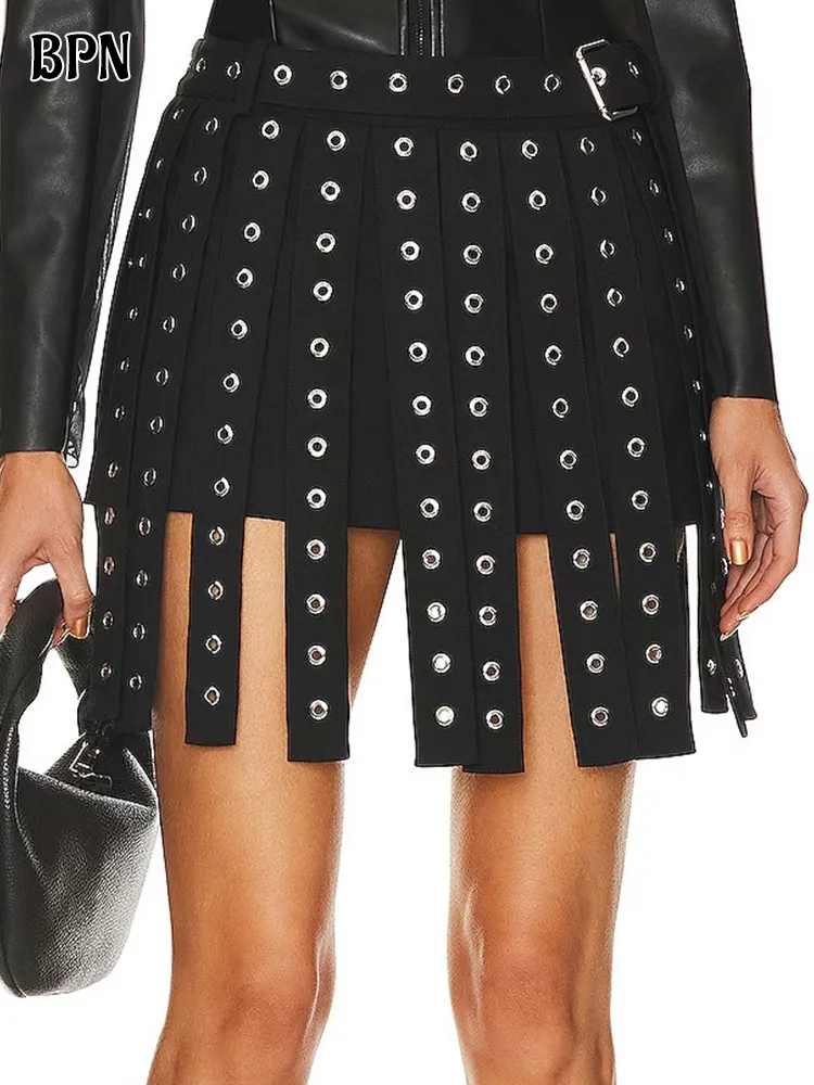 BPN Y2k Patchwork Belts Skirts For Women High Waist Slimming Black Streetwear Chic Mini Skirt Female Fashion Clothing New 2024