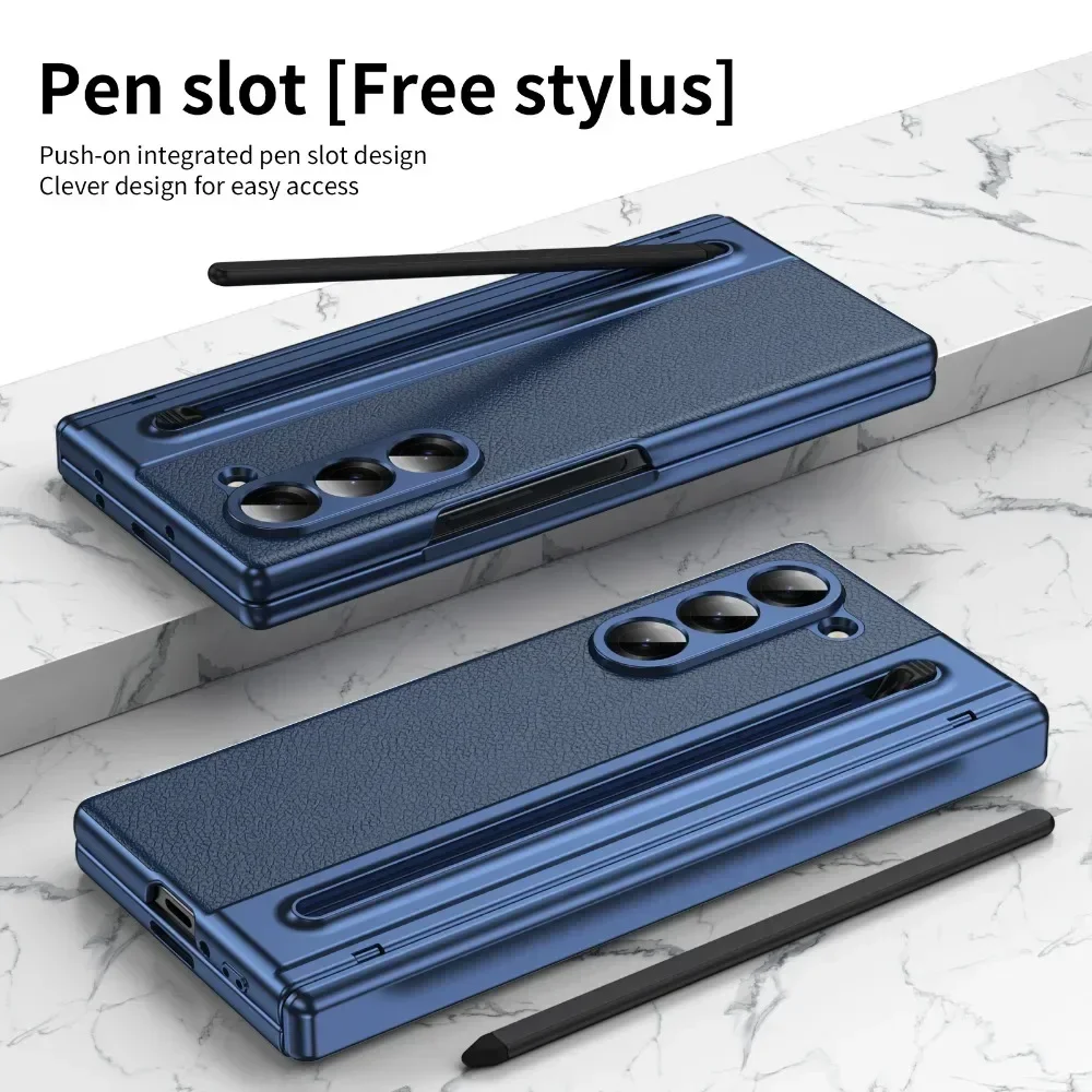 Elegant Leather & Steel Film Phone Case with Hinge Protection – Shockproof Luxury Cover